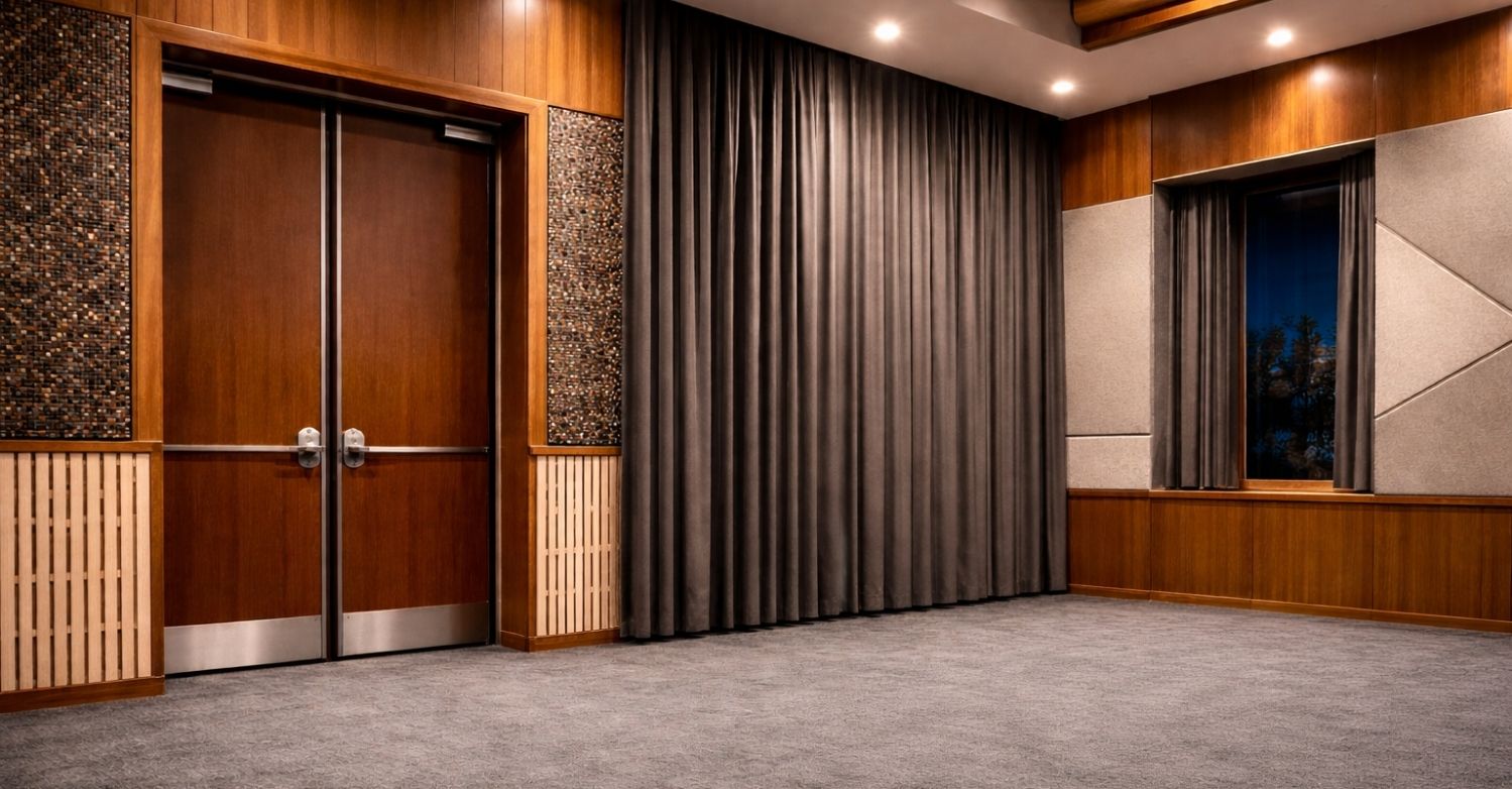 Auditorium doors and windows sealing and curtains for sound leakage control